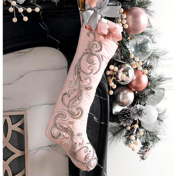 NEW Neiman Marcus Blush Pink Beaded Christmas Stocking Luxury Holiday Decor - Picture 1 of 15